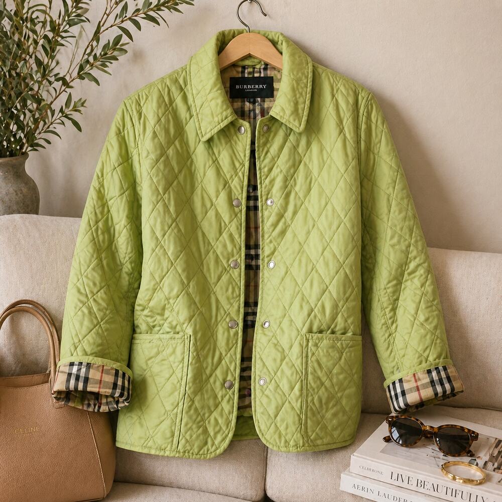 Burberry London Sz M Green Diamond Quilted Jacket Nova Check Lining Luxury Coat